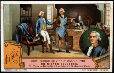 Visit of Berthollet to Lavoisier at the Sorbonne in Paris - Advertising Label Libox. Chromolithography of the 19th Century