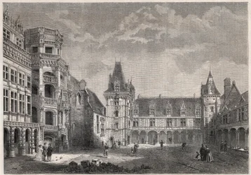 Exterior view of the Chateau de Blois with the monumental staircase - Engraving in 