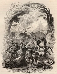 War of the Gauls: Battle of Aduatuca between the Belgian people of the Eburons and the Roman army. Defeated Quintus Titurius Sabinus and Lucius Aurunculeius Cotta in 54 BC. Engraving from 1868 in 