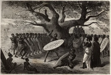 Warrior exercises of the Landines or caffres-zulus, a Sena. Engraving to illustrate Dr. Livingstone