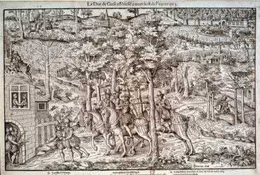 Wars of Religion 1562-1598. Assassination of François I of Lorraine (1519-1563), second Duke of Guise, on 18/02/1563. A Catholic leader, he was killed by the Calvinist Jean de Poltrot de Méré or Mérey. Engraving from the 16th century. Paris, Bibliothèque