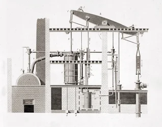 Watt steam machine. Schema. 19th century engraving