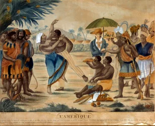 Wedding between a Black person and a Creole woman. 19th-century engraving. La Rochelle, Musée du Nouveau Monde