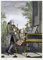 Wolfgang Amadeus Mozart as a child at the piano, surrounded by his father Leopold on the violin and his sister Marianne singing - engraving