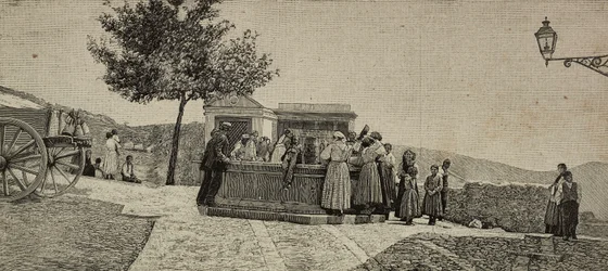 Women and children at the fountain in Piana dei Greci, Italy, engraving from a photograph by E Interguglielmi from L