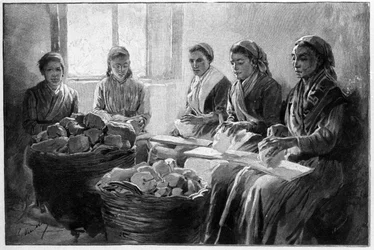 Workers limbing pumice stone (Lipari, Sicily, 19th century engraving)