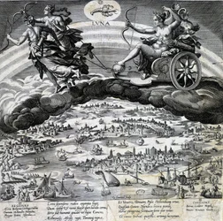 Zodiac sign Cancer. Moon, representation of the tank of Semelee. Engraving of the 19th century.