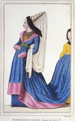 Portrait of Margaret of Scotland, Dauphine of France - Daughter of James I, King of Scotland and wife of Louis XI. 1418-1445. Engraving of 1830.