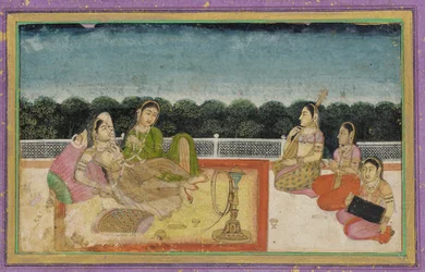 A Lady and Attendant on a Terrace at Evening, with Three Women Musicians