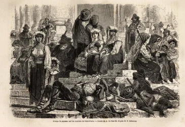 A group of peasants and shepherds gather for the celebration of Holy Week on the steps of St. Peter in the Vatican. Engraving to illustrate the story of the Holy Week in Rome, in 1863, by Ludovic Celler, in 
