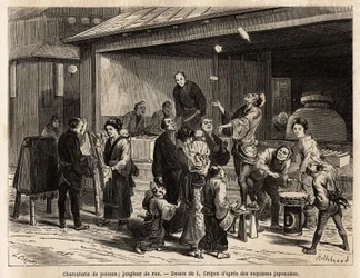 A lively scene of a street in Edo (Tokyo), with a traveling juggler in front of a fish deli, and a cheap cloth salesman. Engraving to illustrate the journey to Japan, by Aime Humbert, minister of the Swiss Confederation, in 1863-1864, published in Le tour 