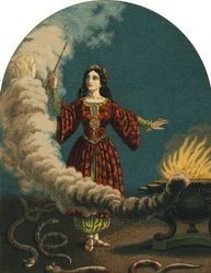 A magician preparing spells with a magic wand, a cauldron and snakes. Engraving from 1852