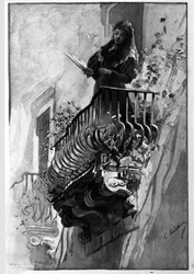 A pretty woman has her flowered balcony one summer evening in Syracuse. Sicily Engraving from the 19th century