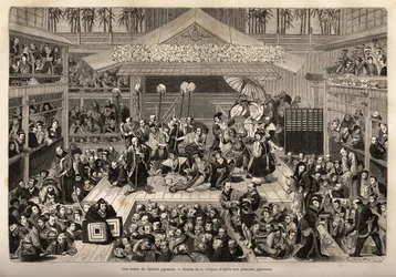 A stage of the Japanese theatre, in Yokohama, with three galleries for the reception of spectators; the actors play on a high stage, each accompanied by a man holding a long stick at the end of which a candle is held; during the performance, it is not unco