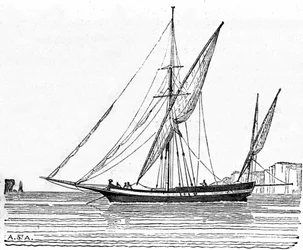 A tartane, a small boat with a large mast of the Mediterranean.