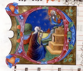 Abraham is invited by the Lord to leave his land. Miniature from a 15th century choir (