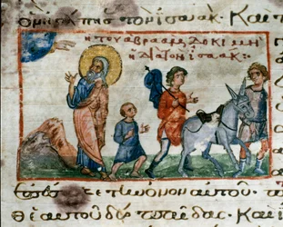 Abraham receives the order of God to go to Mount Moriah to sacrifice his son Isaac. Miniature from 