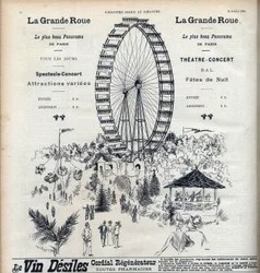 Advertising for the Ferris Wheel in Paris offering the most beautiful panorama of the city for 1 franc. Engraving in Le sun-du-dimanche