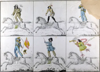Aerobatic: Acrobatic exercises on horseback. Engraving
