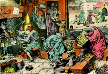 Alchemy Laboratory. An Alchemist Consulting a Grimoire. Engraving of the 16th Century. Private Collection