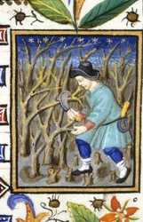 Allegorical representation of March. A man cutting shrubs. Miniature of a 14th century manuscript