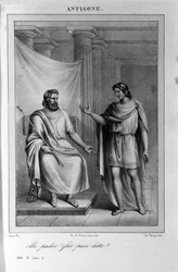 Antigone Act II, scene 1. Italian tragedy by Vittorio Alfieri written in 1783 after Greek mythology. Engraving of the 18th century