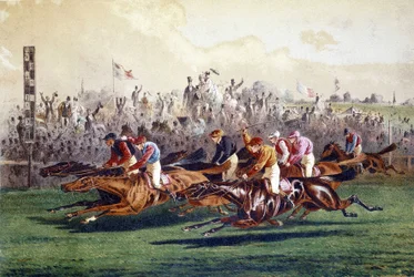 Arrival of a horse race. 19th century illustration