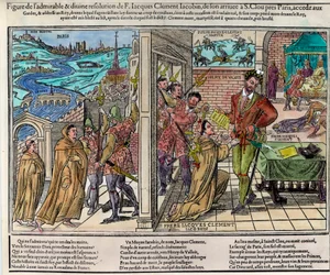 Assassination of the King of France Henri III (1551-1589) by Jacques Clément (1567-1589), a Dominican religious supporter of the Catholic League, on August 1