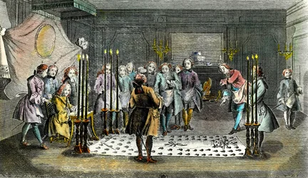 Assembly of Freemasons for the reception of masters. Engraving around 1750. Private Collection