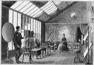 Atelier of an amateur photographer with his accessories in France in 1888. in “La nature” of 1888