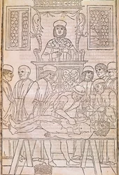 Autopsy. The body of a dead man dissected by doctors for an anatomy study (Fascicula Medicinae)
