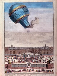 Balloon flight: experience of the Montgolfier brothers in front of the castle of Versailles in September 1783. Engraving of the 18th century. Paris, B.N.