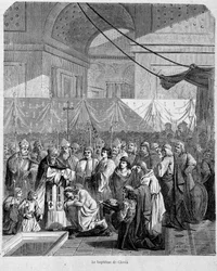 Baptism of Clovis by Anastase II in the Cathedral of Reims on December 25, 498 - in Histoire des Papes, vol. 1, Maurice Lachatre