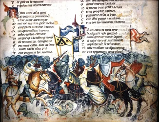 Battle scene. Miniature of the Roman de Troy by Benoit de Saint Maure. 14th century Biblioteca Marciana, Venice