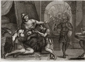 Bible of Royaumont, Old Testament: Death of Samson. Samson reveals to Delilah that his strength was in his hair. She cuts his hair and brings the Philistine soldiers into the room. Illustration from 1811
