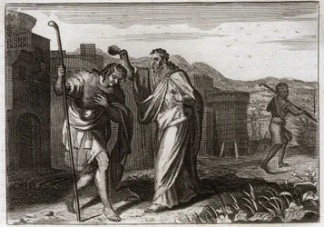 Bible of Royaumont, Old Testament: Rite of Saul. Samuel, by order of God, sacred Saul to be King of the Jews. Illustration from 1811