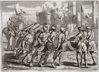 Bible of Royaumont, Old Testament: Taken of Jericho. The Walls of Jericho fall to the ground to the sound of the trumpets of the Priests who preceded the Ark of the Covenant of the Lord. Illustration from 1811.