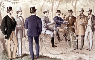 Bicycle ride. Engraving. 1870
