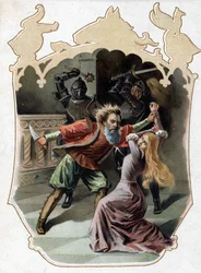 Bluebeard. Tale by Charles Perrault. 1697. Chromolithography from the late 19th century. Sticker „At the cheap rate“. „Bluebeard tries to murder his wife, who tried to enter the cabinet where the wives he murdered are, to punish her for her curiosity.“