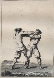Breton wrestlers engraving in 