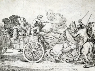 Brigands attacking passengers on a cart. Engraving by an 18th century anonymous.