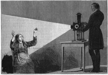 Catalepsy produced under the influence of light. French neurologist Jean Martin Charcot (1825-1893) studying the phenomenon of hypnosis on a patient in Salpetriere hospital