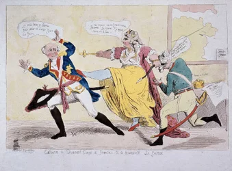 Catherine-II giving leave to François and Brunswick the Foireux, caricature, late 18th century