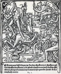 Cauldrons full of boiling oil and lead into which devils plunge the greedy to get them drunk with their bad greed description of Lazarus of hell. Facsimile of 
