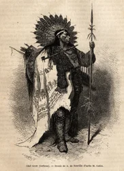 Chief Yellow Moccassin, of the Crow Indian tribe, living along the Lewis River. Engraving to illustrate an excursion among the Indian tribes of the basins of Colombia and Upper Missouri, by G. Catlin, in 1855, published in 