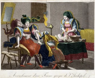Childbirth in Greece - engraving, late 19th century