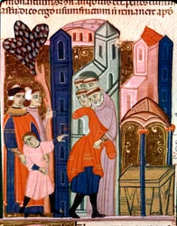 Children are entrusted to the monks for education. Miniature from the Justinian Code (Codex Justinianus), a collection of laws and institutions redigested under the Roman Emperor Justinian I of Byzantium (483-565)