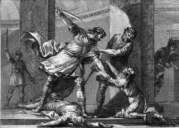 Clotaire (Clothaire) I (circa 497-561) and Childebert I, the Frankish kings, murdered two sons of their brother Clodomir (495-524). Engraving of the 18th century.
