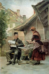 Coffee Hour: An Old Man Sitting at a Table and Reading the 