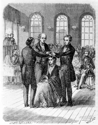 Confirmation among the Mormons. 19th century engraving.